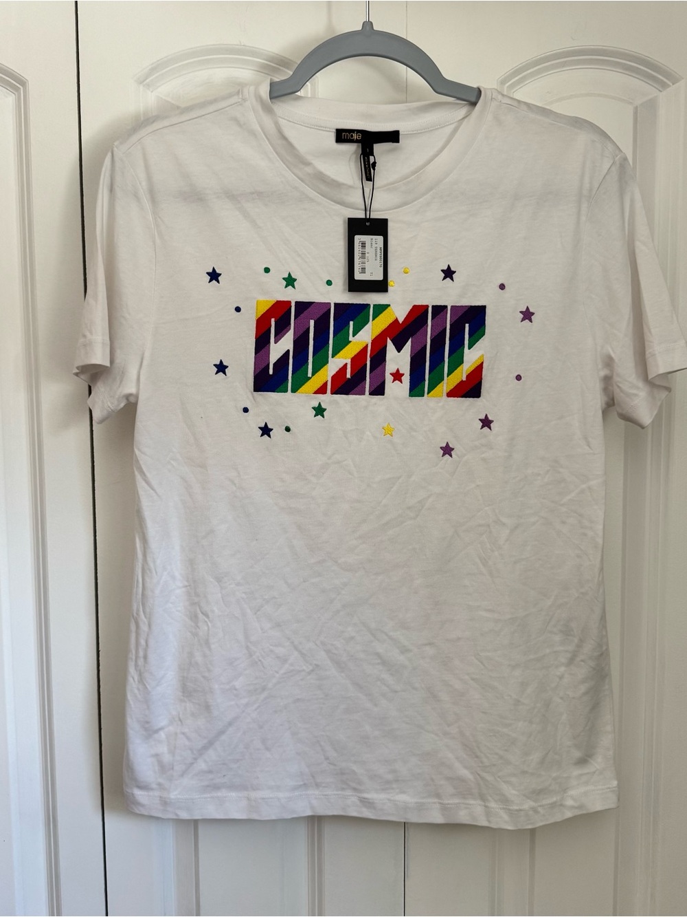 Maje White Crewneck Tee with Yellow Embroidered Dot